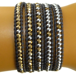 Chan Luu Gray Swarovski Pearls and Gold Pl Indian Beads 5 Wrap Leather Bracelet BS3734